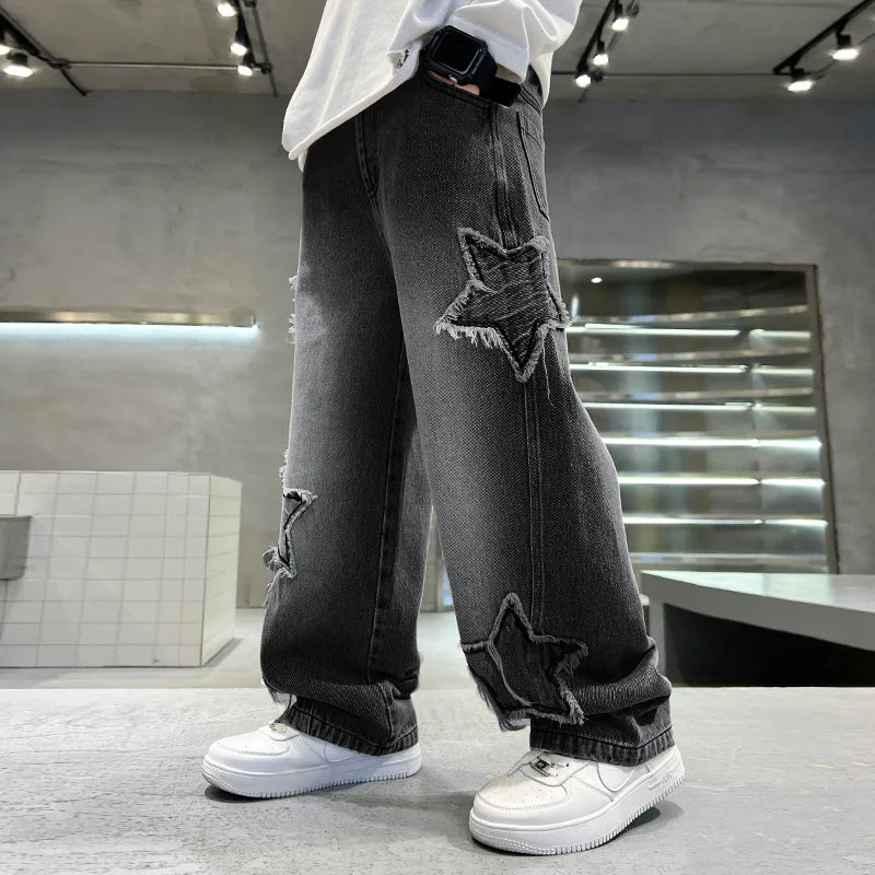 New Fashion Teenager Boys Denim Wide Leg Pants Child Trousers Spring Autumn Star Splicing Raw Edge Jeans 5-14 Yrs Kids Trousers