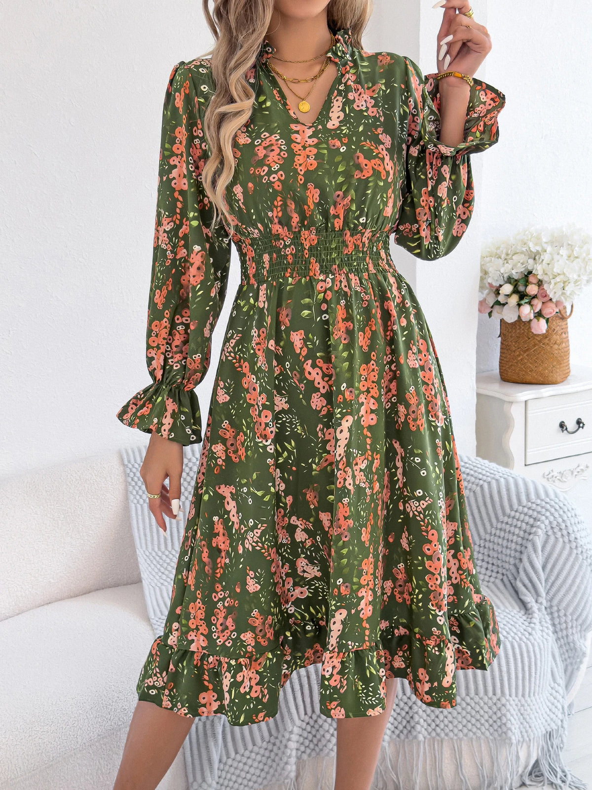 Elegant Floral Print Dresses for Women 2026 Autumn Winter Casual V Neck Flare Long Sleeve Ruffled A Line Dress