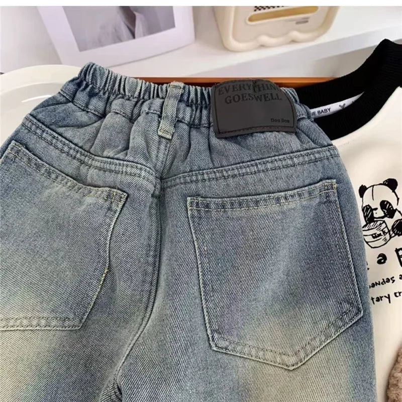 Kids Velvet Jeans Spring Winter New Boys Loose Thick Pants Children Warm Demin Pants Casual Trousers 2-8 Years Old