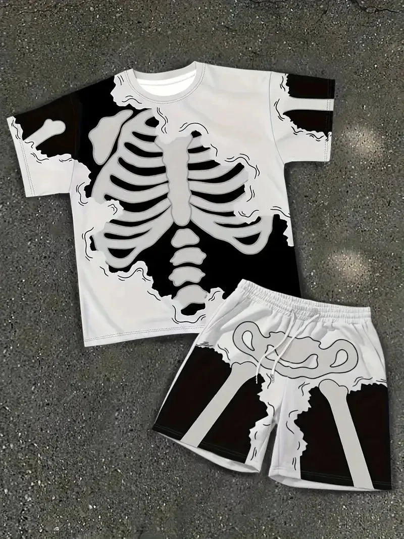 The 2025 Summer New Men's Set Features Street Casual Hip-Hop Fashion Comfort and Softness with 3D Frame Pattern Prints