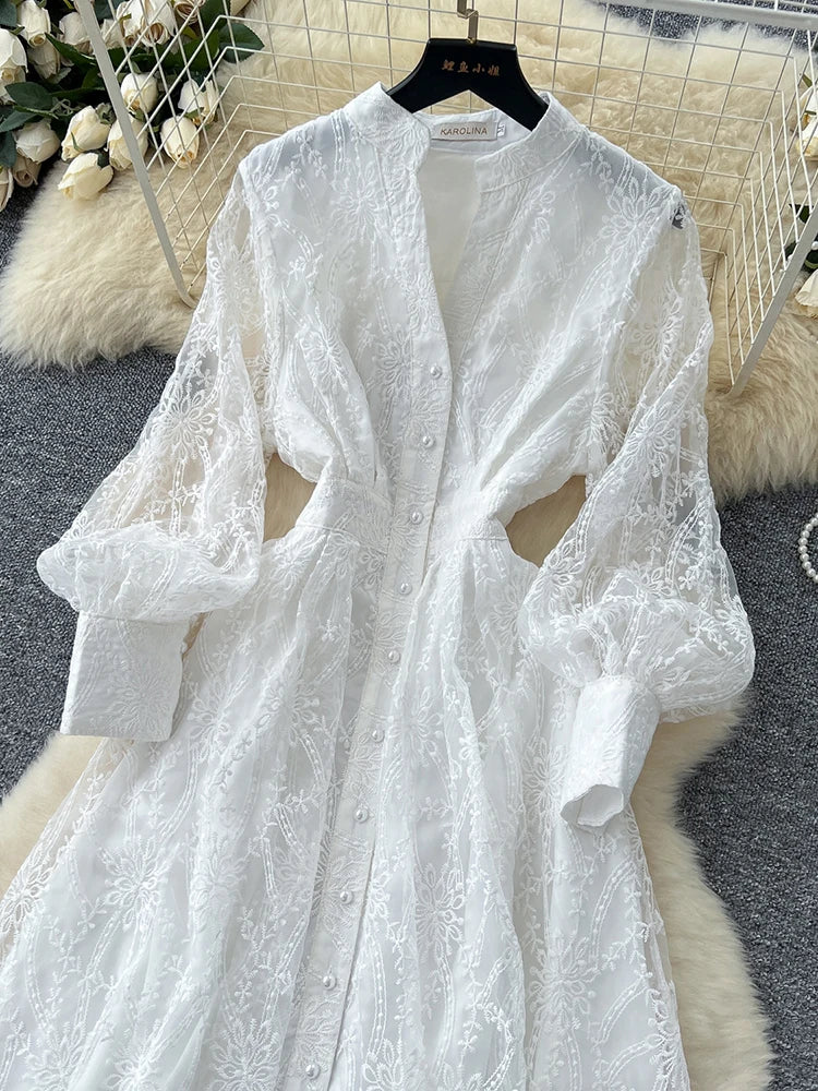 French Elegant Dress for Women New Birthday Party Standing Collar Single Breasted Waist Embroidered Mesh Long Dress S93