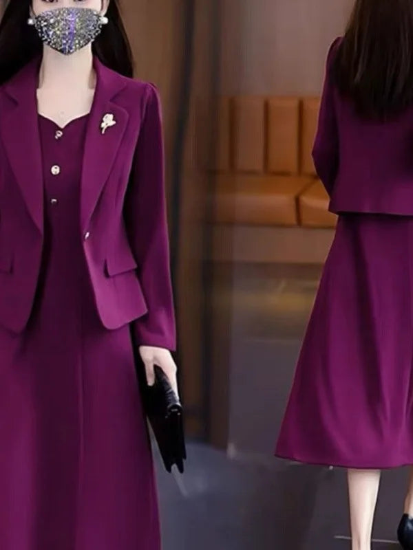 Women's Suit Coat Set Dress Thin Long Sleeve Two-Piece Set Spring Autumn High Waist A-Line Skirt Korean Style Commute Fashion