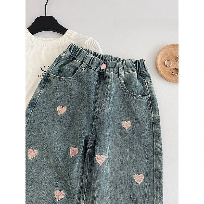 Pants Girls Spring Autumn New Trousers Straight Leg Wide Leg Jeans Childrens Jeans Middle Childrens Heart 2025