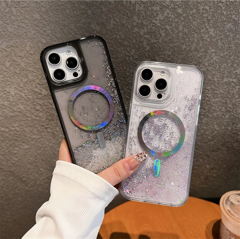 Luxury Plating Ring for Magsafe Case for iPhone 15 16 17 Pro Max Magnetic Glitter Beads Quicksand Phone Cover Liquid Shell Funda