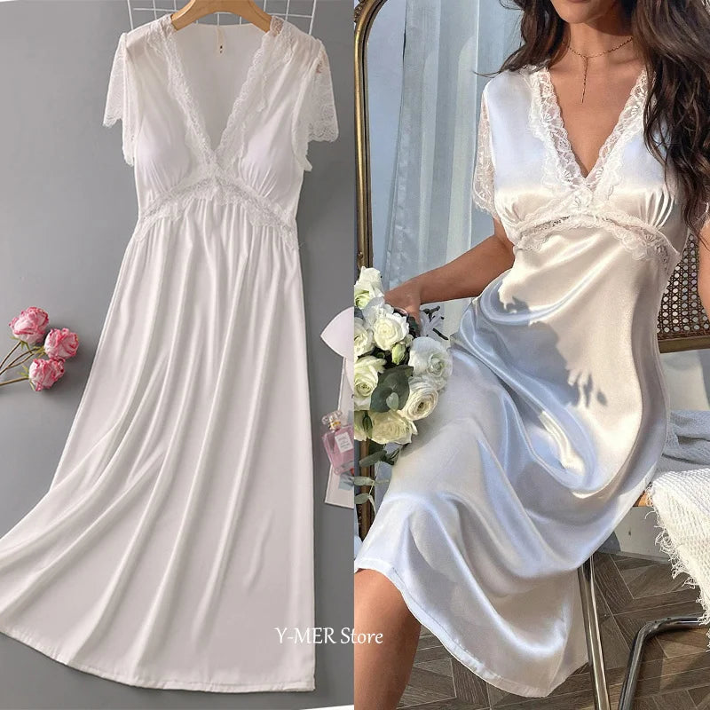 Sexy Nightdress for Women Summer Spring Home Dress V-Neck Nightgown Lace Sleeve Sleepwear Long Intimate Lingerie Nightwear