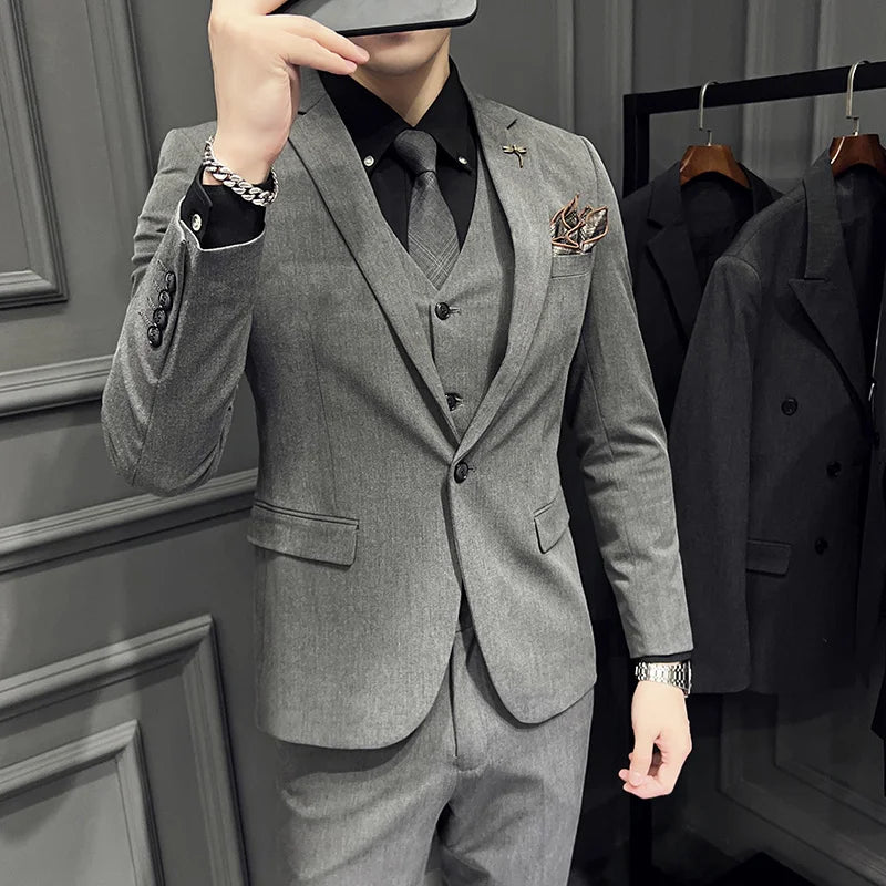 Men's 3 Piece Suit Set Single‑Button Slim Fit Solid Color Business Casual Wedding Party Jacket Vest Pants Formal Outfit for Men