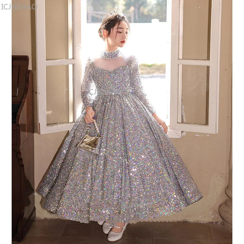 2026 New Girls Sequin Princess Dress Kids Evening Gown Flower Girl Host Performance Outfit Pageant Formal Children Party Costume