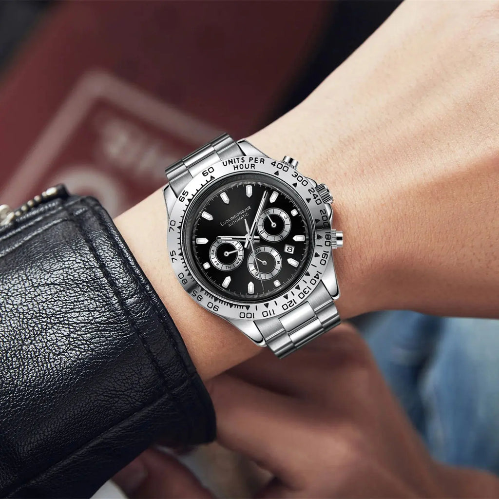 Luxury Series Business Men's Mechanical Watch, Three-Dial Six-Hand Multi-Function Fully Automatic Mechanical Watch, Men's Watch with Hollow Design, Fashionable Business Casual Watch, High-End Gift