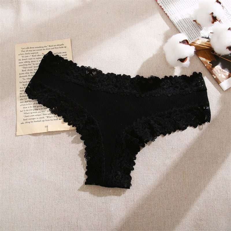 Women Cotton Panties Sexy Floral Lace Breathable Underwear Girls Ribbed Low-Waist Briefs Comfortable Bikini Solid Color Lingerie