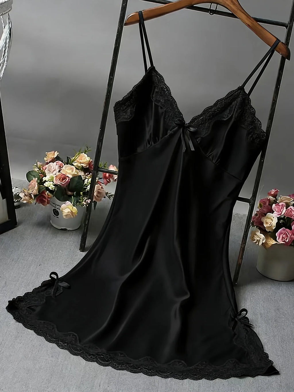 Women Satin Nightdress Sheer Lace Trim Slip Dress Spaghetti Strap Silky Nightgown Elegant Sleepwear Home Lingerie