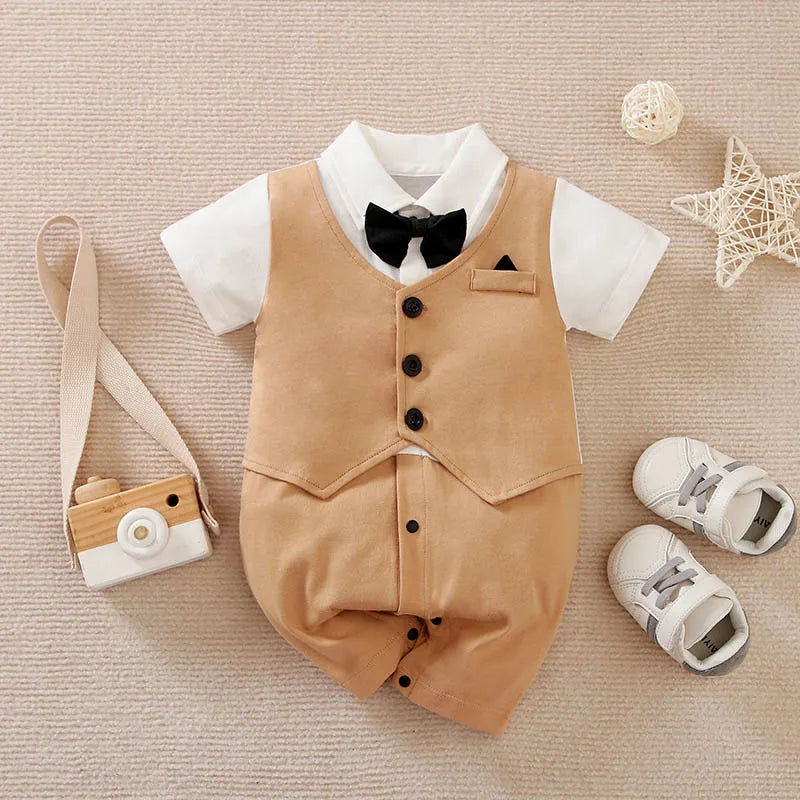 0-18 Baby Bodysuit Gentleman Style Handsome Formal Cotton Comfortable Soft Boys And Girls Summer Short Sleeved Newborn Clothes