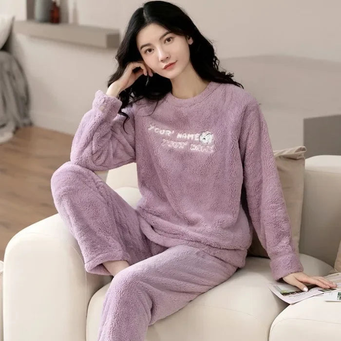 Warm Sleepwear for Winterthickened Warm Flannel Pajamas Student Long Sleeve Cartoon Ladies Loungewear Setpajamas Woman Offer