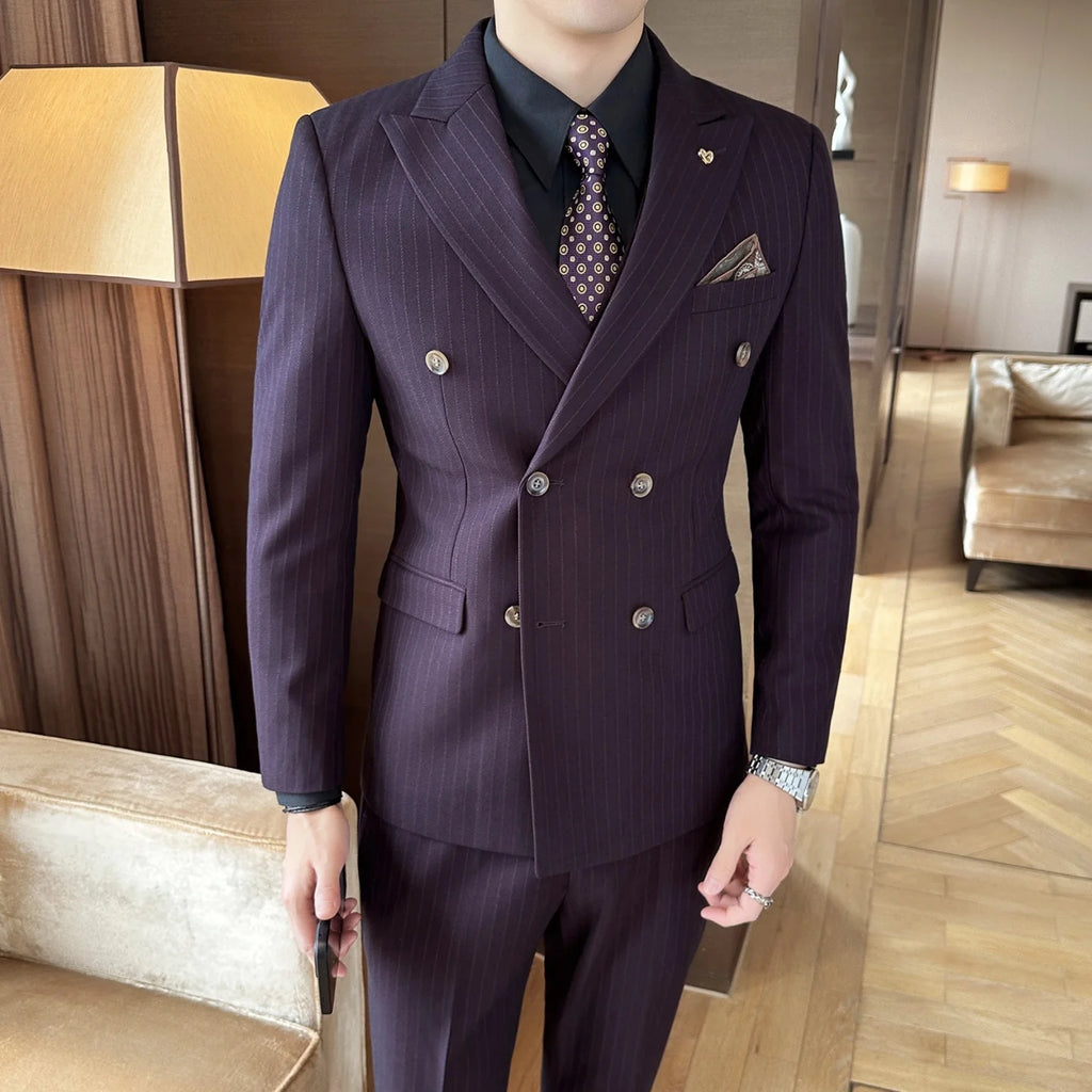 Hochzeitsanzug für Herren, 3-teilig, zweireihig, koreanischer Slim Fit, für formelle Bankette und geschäftliche Anlässe, luxuriöser Smoking für den Bräutigam, Abendgarderobe