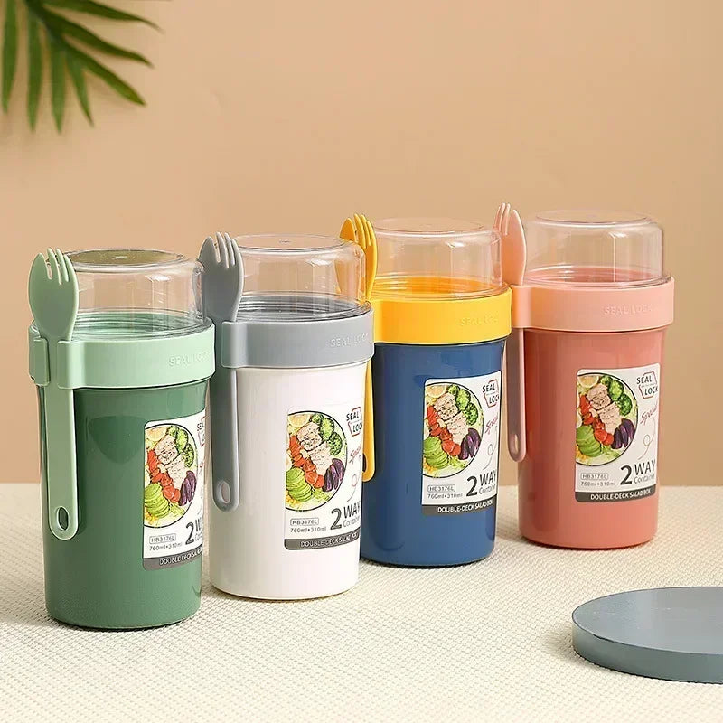 Bento Lunch Box Salad Oatmeal Breakfast Double Cup Cereal Nut Yogurt Container Set with Dressing Holder Fork Meal Preparation