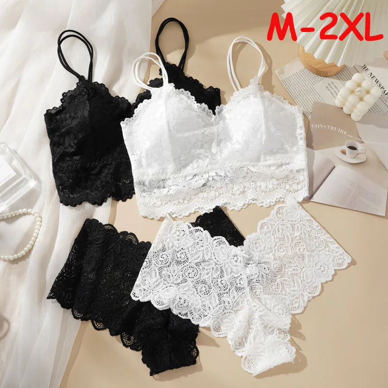 Women's Sexy Lace Bra Suit Solid Set Beautiful Back Hollow Out No Steel Ring Underwear With Lace Flower Breathable Panties