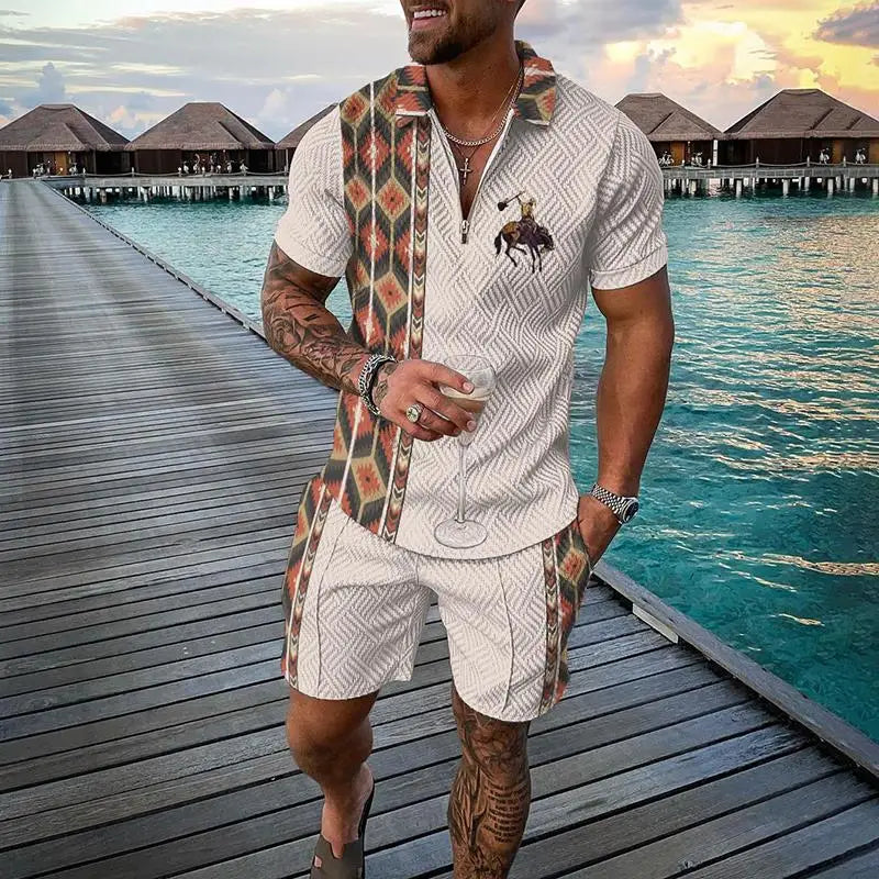 Men's Clothing Tracksuit Sets 3D Print Color Squares Pattern Casual Zipper Polo Shirt And Shorts 2pcs Sets Trend Streetwear Man