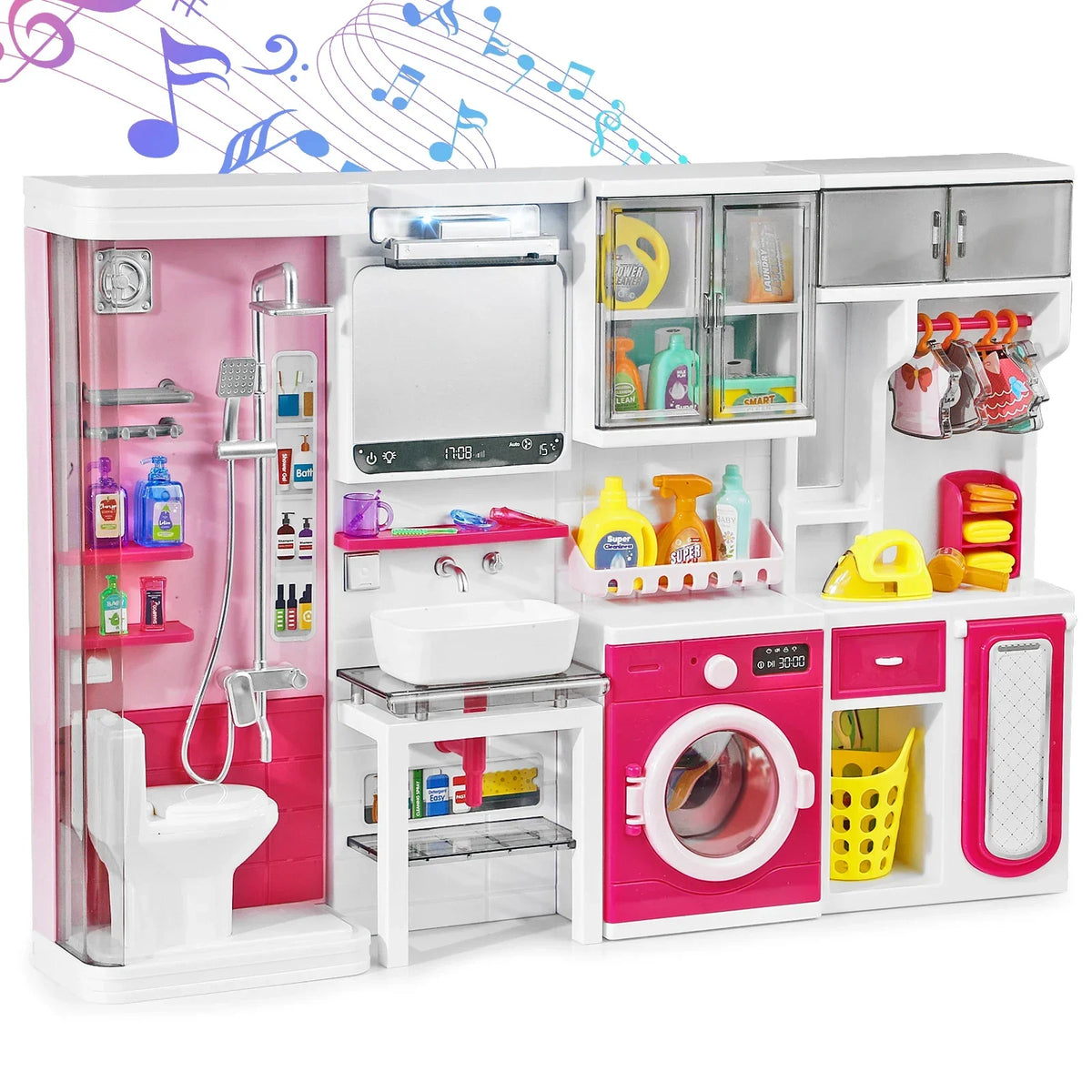Pink Bathroom Role Play Set with Shower Vanity Laundry Cabinet Ironing Board - Ideal Christmas Thanksgiving New Year Gift