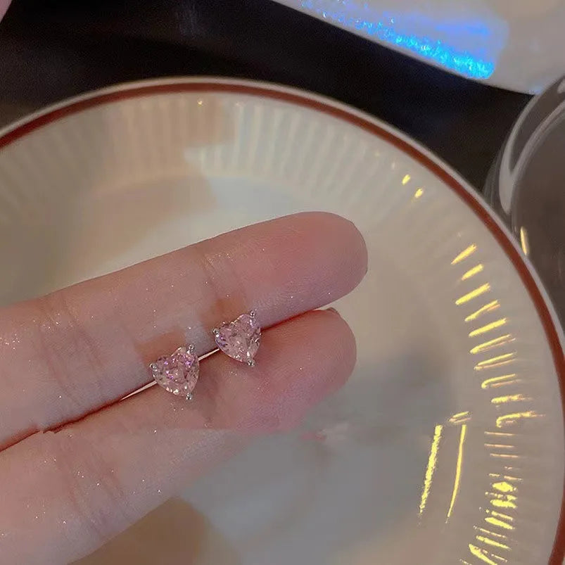Sweet Style Pink Zircon Bow Knot Heart Stud Earrings For Women Aesthetic Y2K Accessories Jewelry Gifts