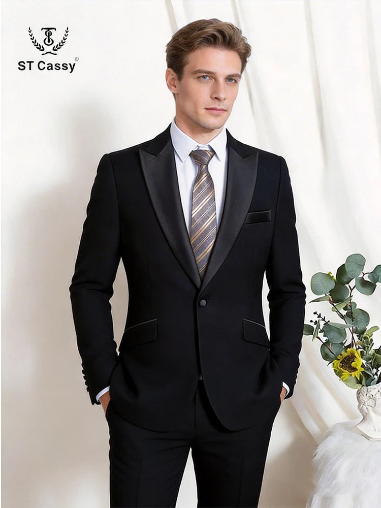 Men's Suit 2-Piece Black Slim Fit Business Casual Suit Set Wedding Groom Suit Banquet Formal Dress Office Black Party Tuxedo