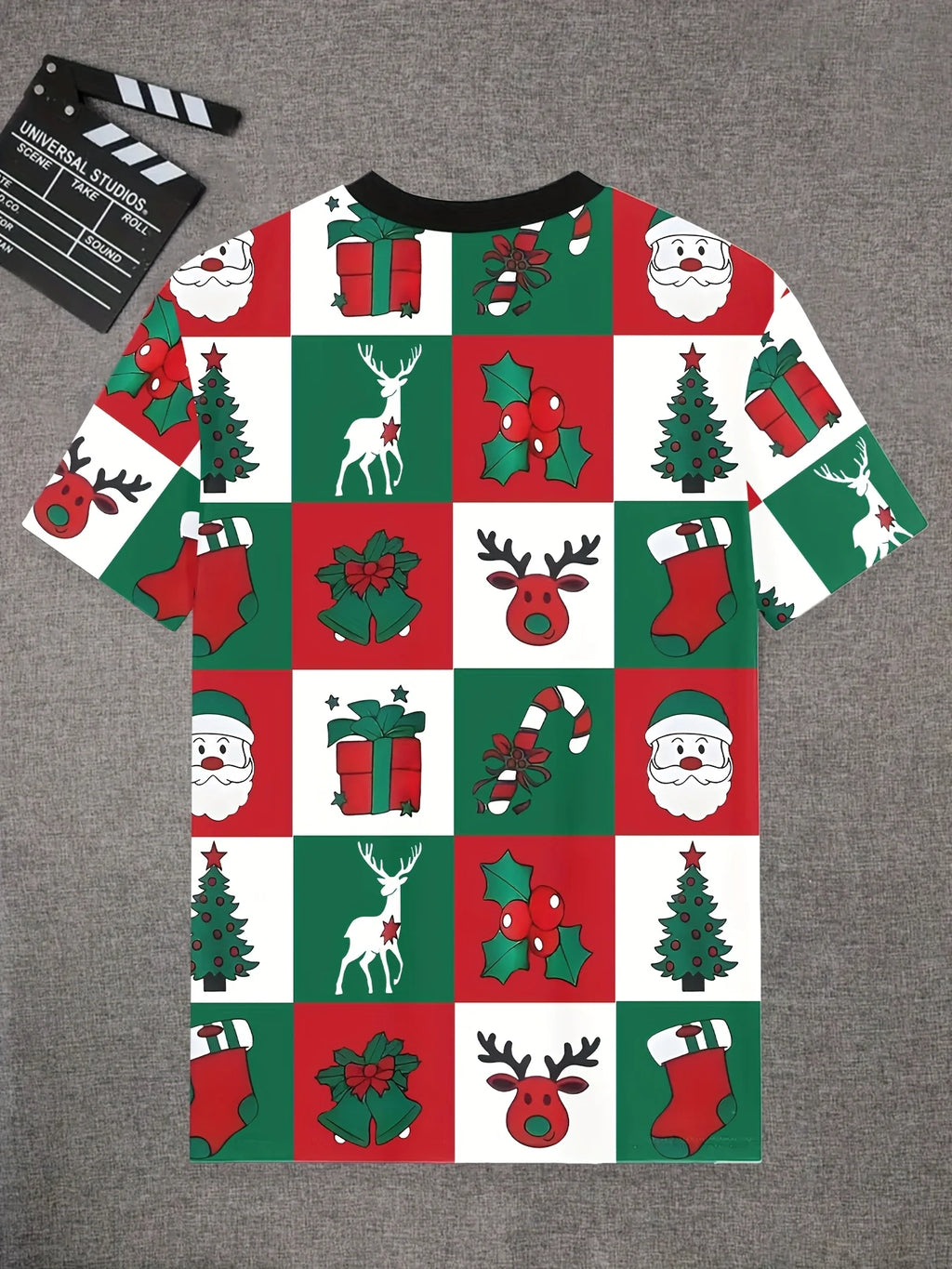 Kids Fashion Christmas Print T‑Shirt, Red‑Green Check Xmas Elements Art Short Sleeve Crew Neck Holiday Casual Tee