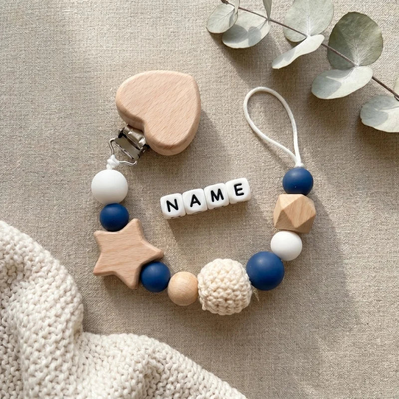 2026 Personalized Pacifier Clip Silicone Beads Beech Wood Teether Holder Custom Name Heart BPA Free Handmade Baby Shower Gift