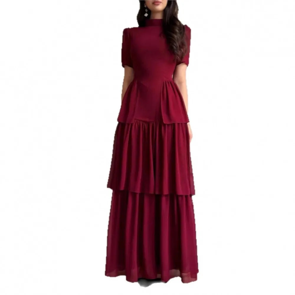 2026 Elegant Dresses For Woman Party Wedding Evening Dress Vestido Temperament Retro Short Sleeves Pleated Solid Color Slim Chic