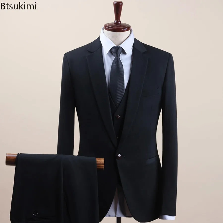 Men 2 3 Piece Suit Set 1 Button 2 Buttons Single Breasted Flat Collar Slim Fit Groom Wedding Business Suit Jacket Vest Trousers