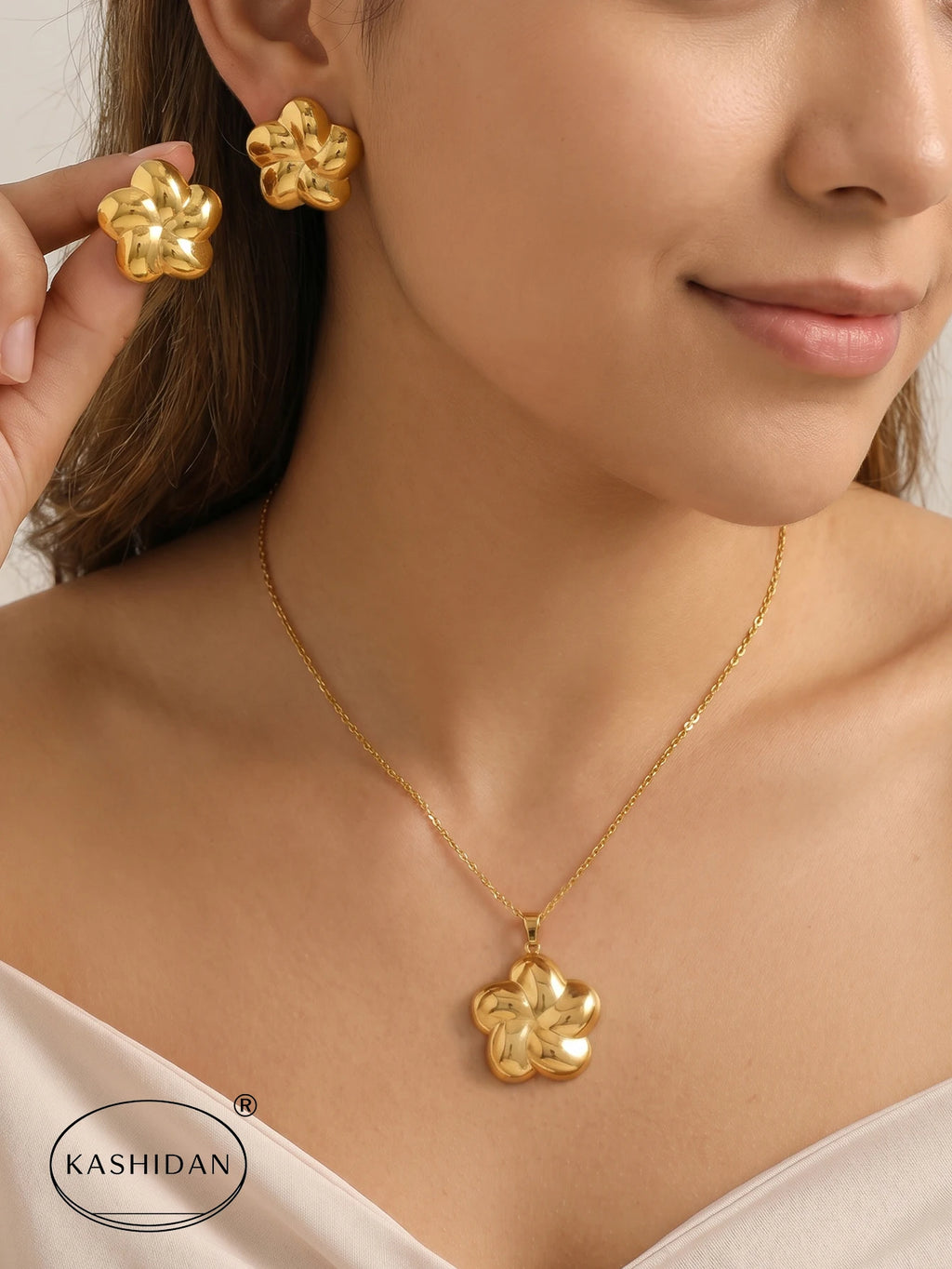 Fashion Stainless Steel Jewelry Set for Women 3D Chunky Flower Pendant Necklace Smooth Floral Stud Earrings Bijoux