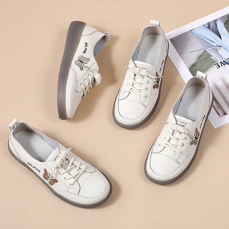 ENJOYOU Genuine Leather White Sneakers For Women - New Spring Collection, Featuring A Durable Rubber Outsole, Soft Sole, Lightwe