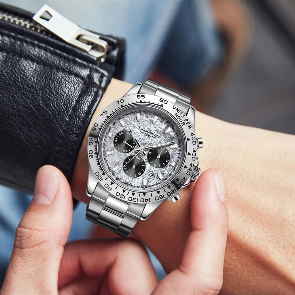 Luxury Series Business Men's Mechanical Watch, Three-Dial Six-Hand Multi-Function Fully Automatic Mechanical Watch, Men's Watch with Hollow Design, Fashionable Business Casual Watch, High-End Gift