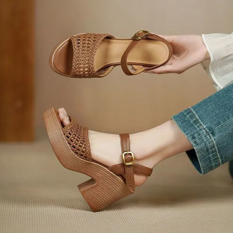 Women's High Heels Sandals Summer Elegant Hollow Braided Chunky Pumps Fashion Ankle Straps Versatile Vacation Casual Beach Shoes