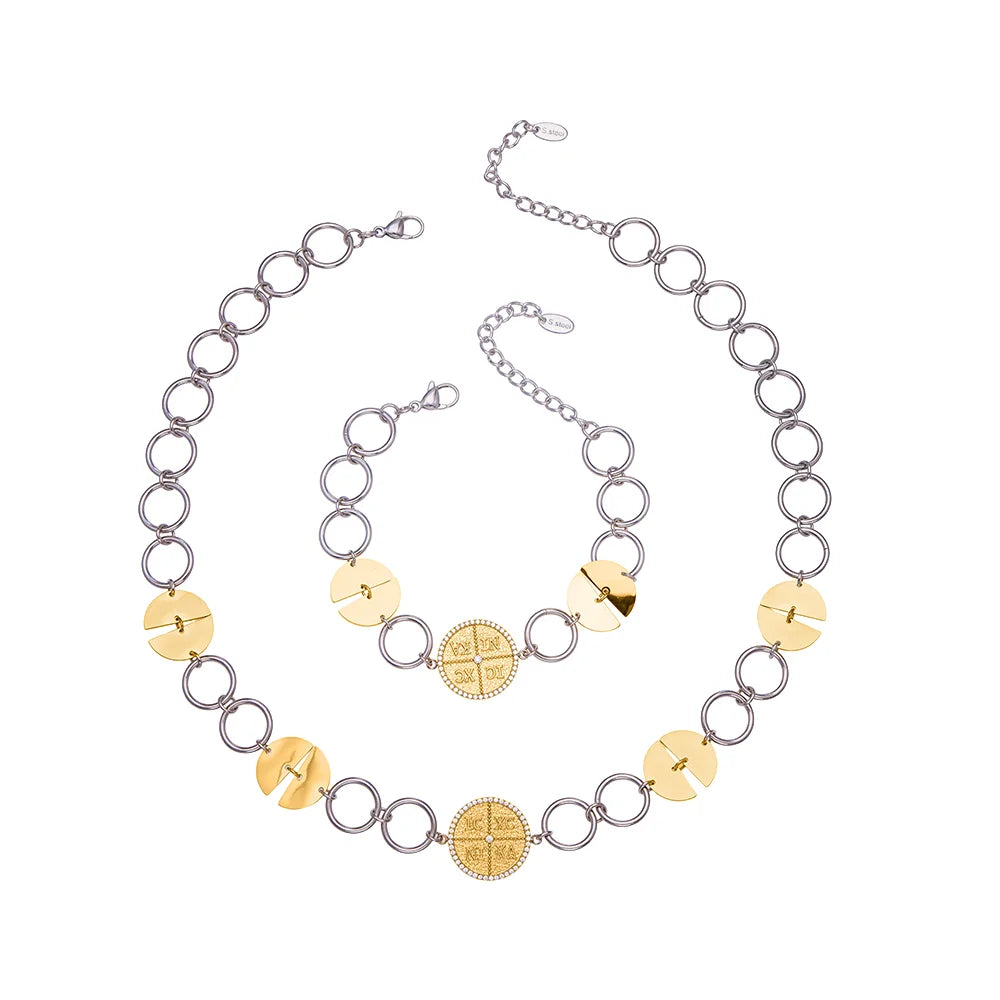 316 Stainless Steel Gold-Plated Large Circular Chain Necklace Choker Women's Shiny Round Zircon Golden Bracelet Jewelry Set