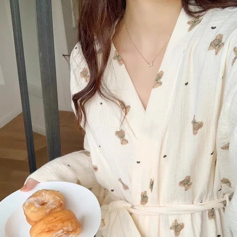 Sleeping Robe for Women in Spring and Autumn Style Bathrobe Full of Small Bear Long Sleeve Casual Princess Style Sleepwear