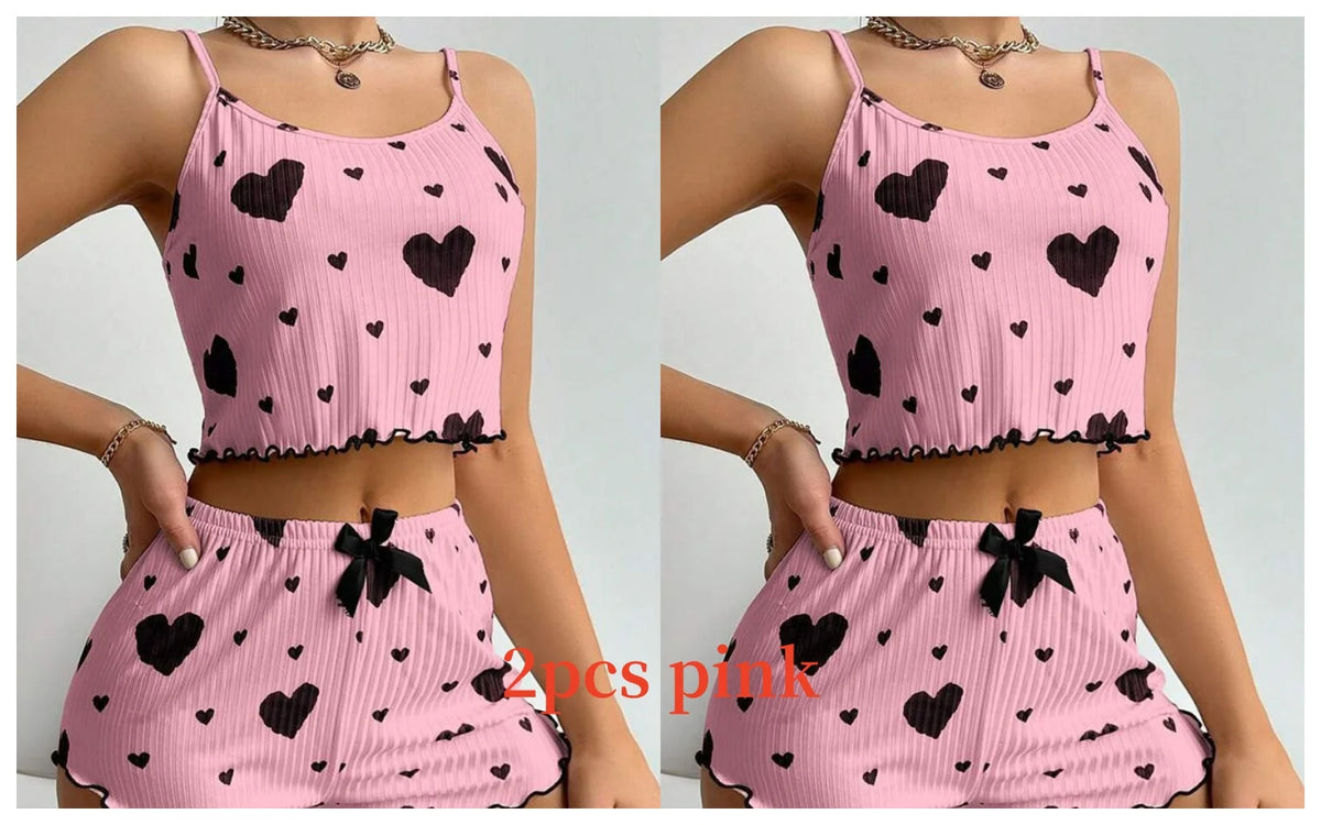 Women's Pajamas Set Sleepwear 2 PCS Short Tank Tops And Shorts S M L White Ventilate Soft Casual Love Printing