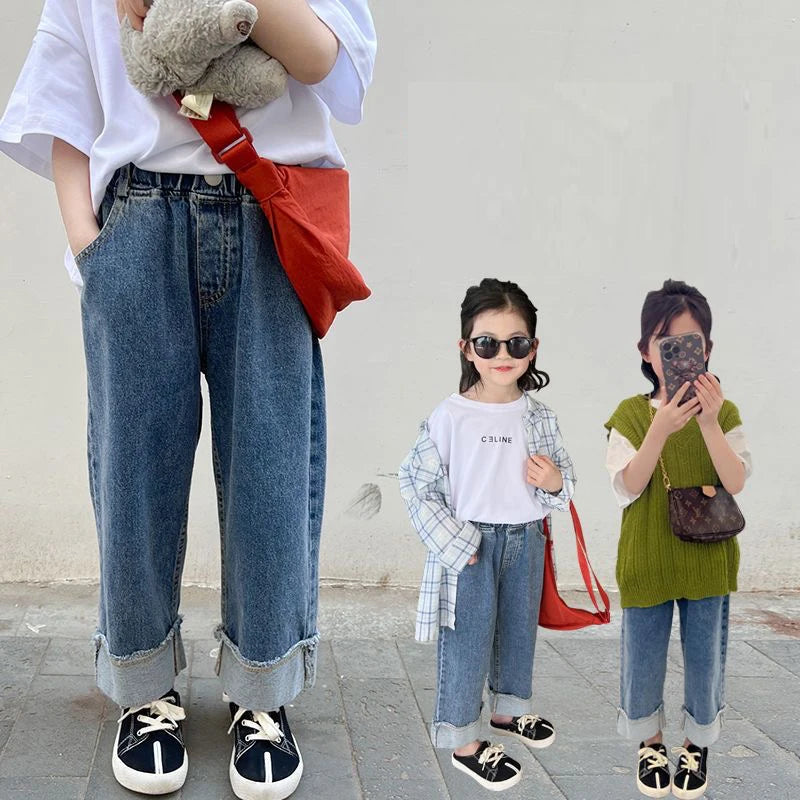 Spring Summer Autumn Kids Crimped Wide Leg Jeans Girls Loose Thin Denim Pants Children Fashion Casual Trousers 2-10 Years Girl