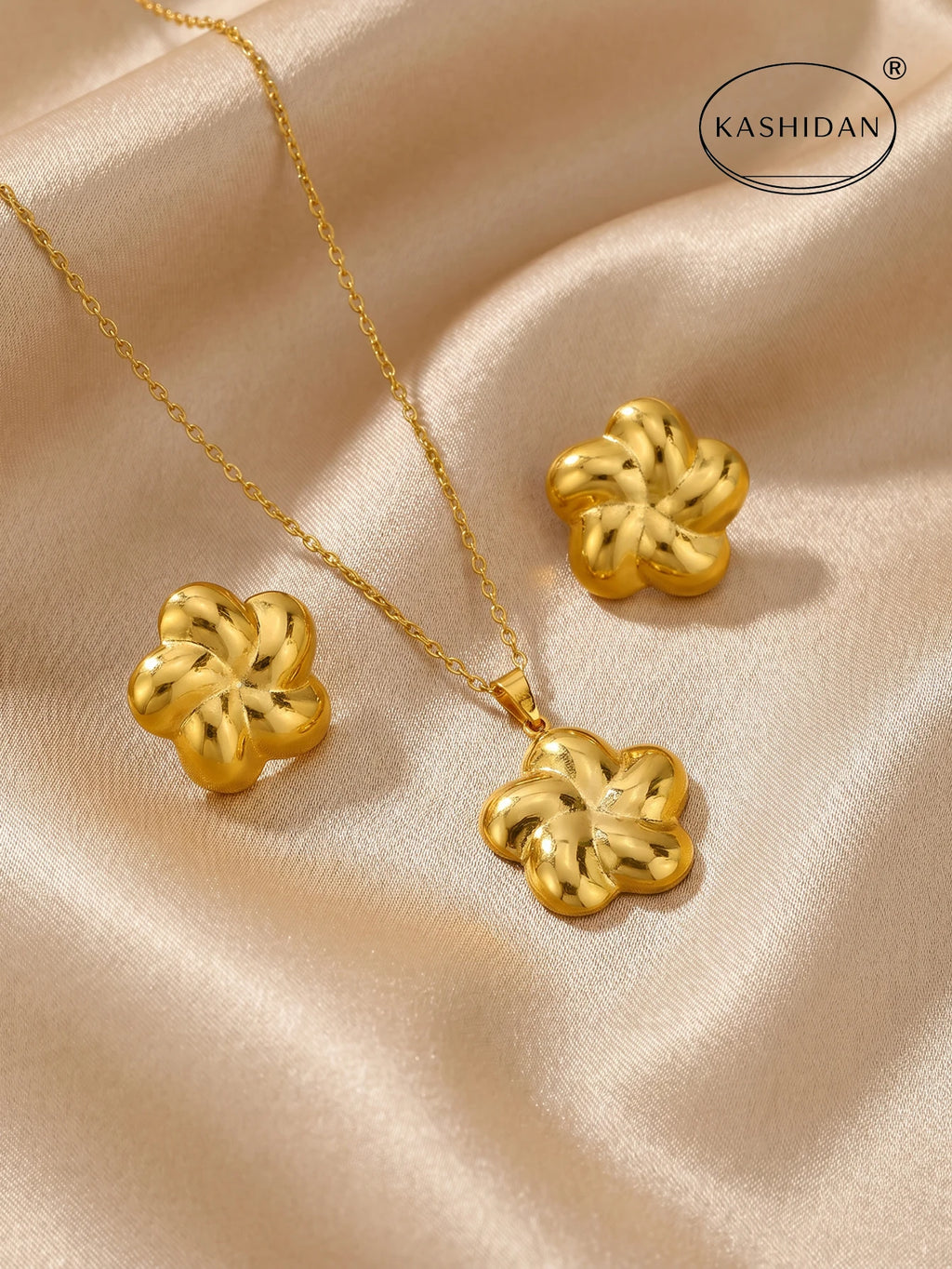 Fashion Stainless Steel Jewelry Set for Women 3D Chunky Flower Pendant Necklace Smooth Floral Stud Earrings Bijoux