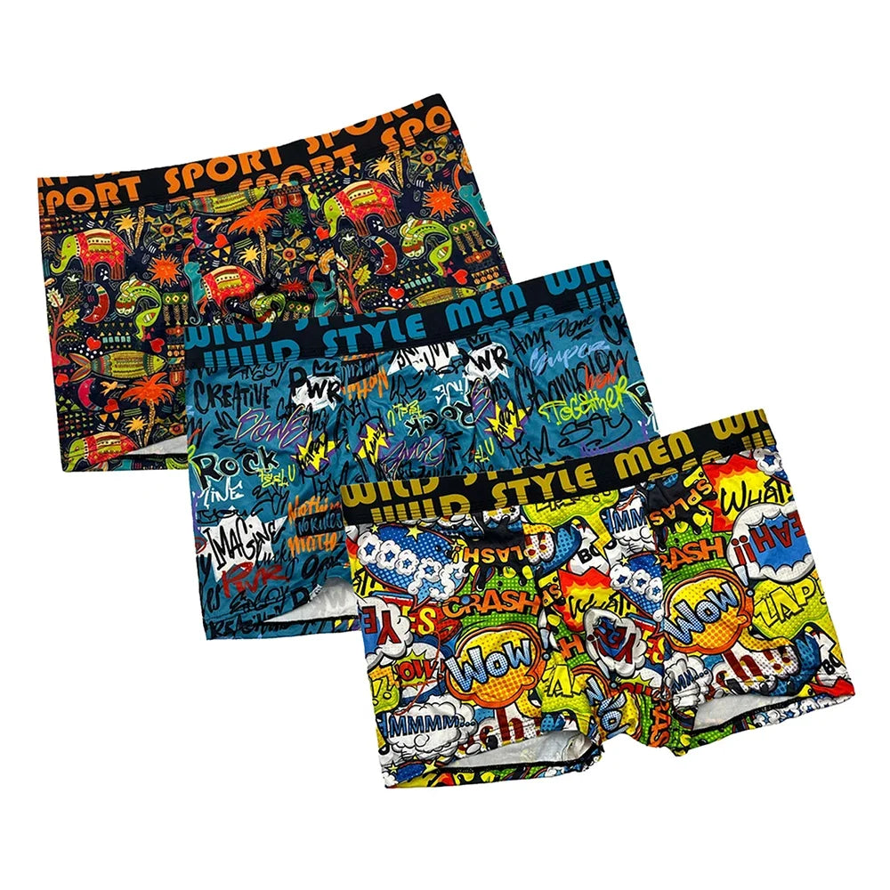 3Pcs Men's Random Graffiti Cartoon Printed Boxer Shorts Casual Sports Breathable Underwear Men's Comfortable Underwear