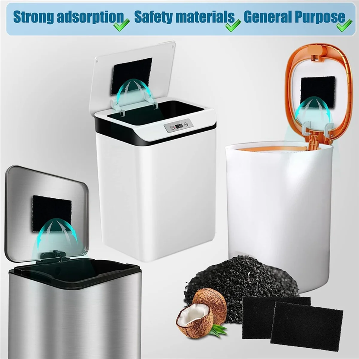 A51T 12Pack Trash Can Absorbing Filters, Activated Charcoal Purifying Deodorizer for Trash Cans, Compost Buckets-Rectangle