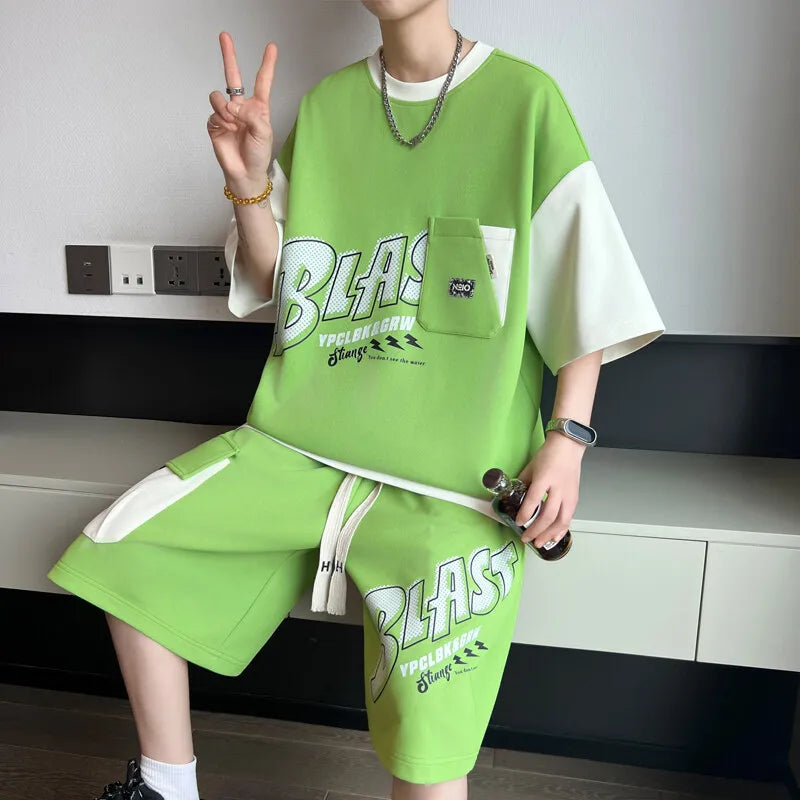 Men's 2-Piece Summer Streetwear Fashion Set - Short Sleeved T-Shirts & Knee-Length Shorts Casual Tops Tees And Pants for Youth