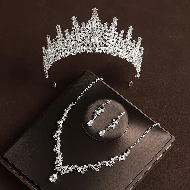 Bridal Wedding Jewelry 4-piece Set, Alloy Crystal Crown&Crystal Necklace&Earrings Women's Classic Wedding Tiaras