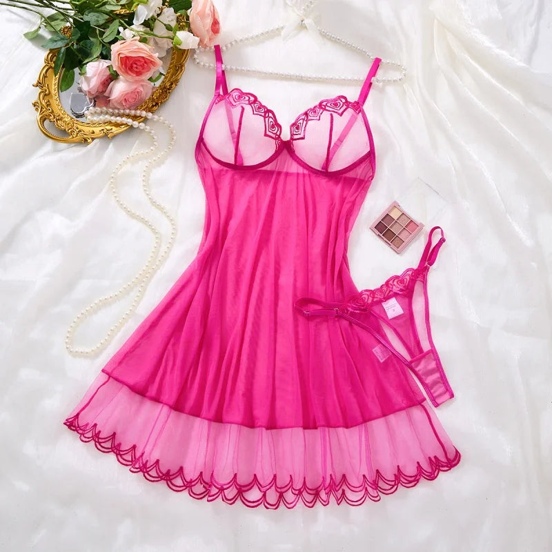 Woman Night Dress Rose Red Tulle Sexy Nightwear Summer Sleeveless Pajamas Heart Embroidered Sleepwear V-Neck Slip Nightgown