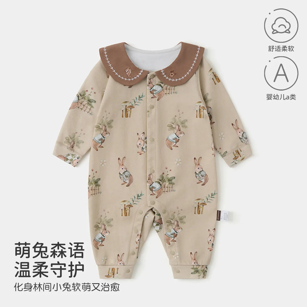 Baby Romper 100% Cotton Seamless Long Sleeve Front Button Newborn Jumpsuit All Seasons Soft Breathable Outfits for 0-24M