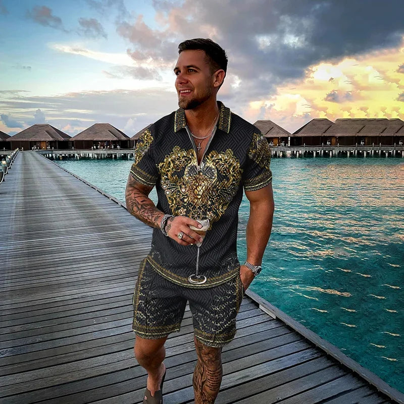 Men's Clothing Tracksuit Sets 3D Print Color Squares Pattern Casual Zipper Polo Shirt And Shorts 2pcs Sets Trend Streetwear Man