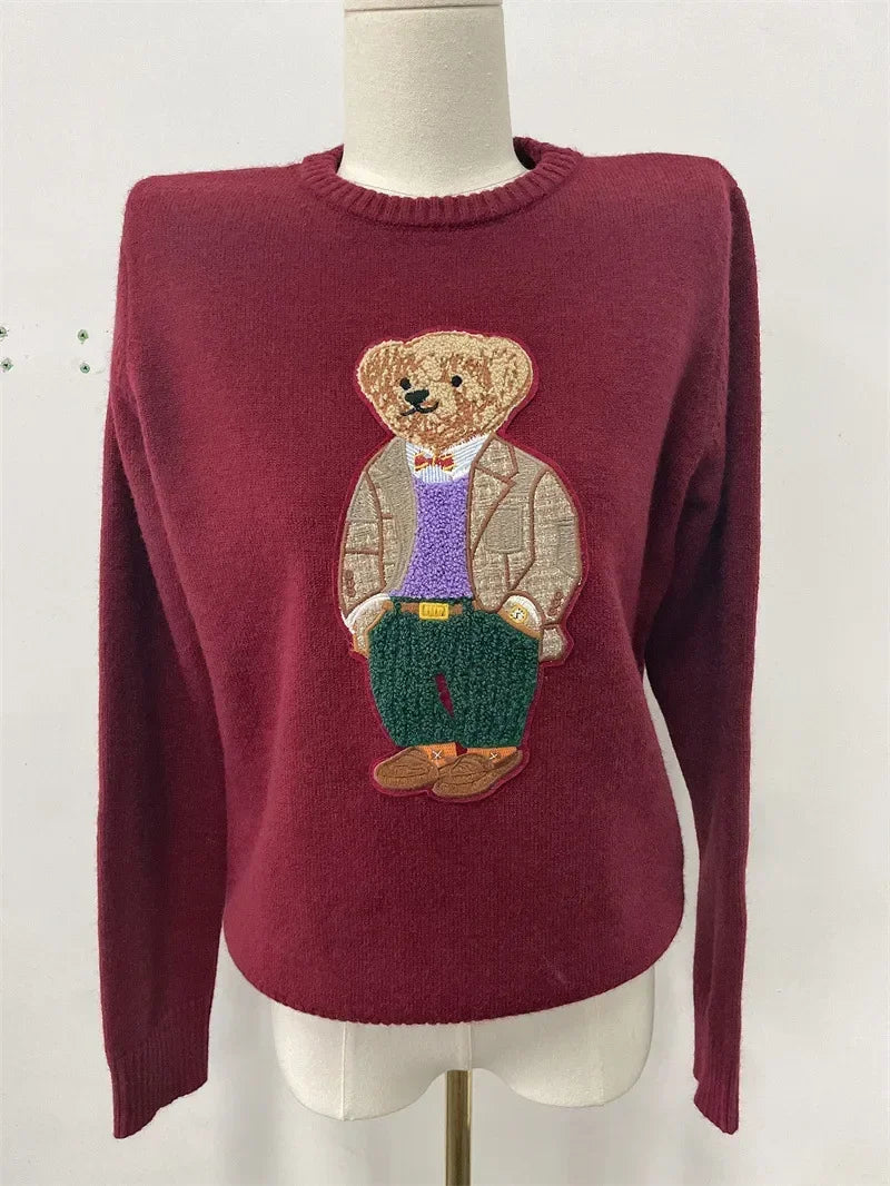 Zekye Winter Women's Sweater Clothing Bear Embroidery Round Neck Slim Fit Sweater Cartoon College Style Knitted Oversized Y2k