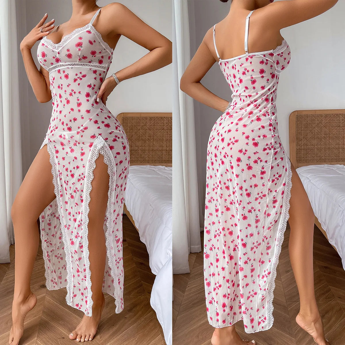 Women Casual Nightgown Sexy Sleeveless V-neck Split Lace Trimmed Hem Floral Sheer Nightdress Female Sleeping Dress Homewear
