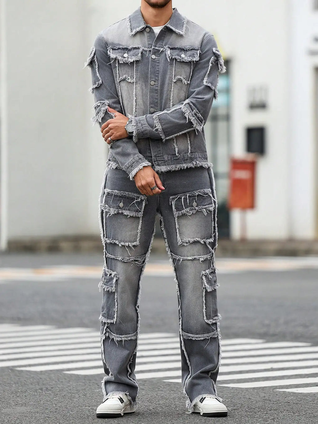 Men's Street Style Casual Distressed Raw-Hem Grey Denim Set, a Minimalist and Fashionable Two-Piece Ensemble.