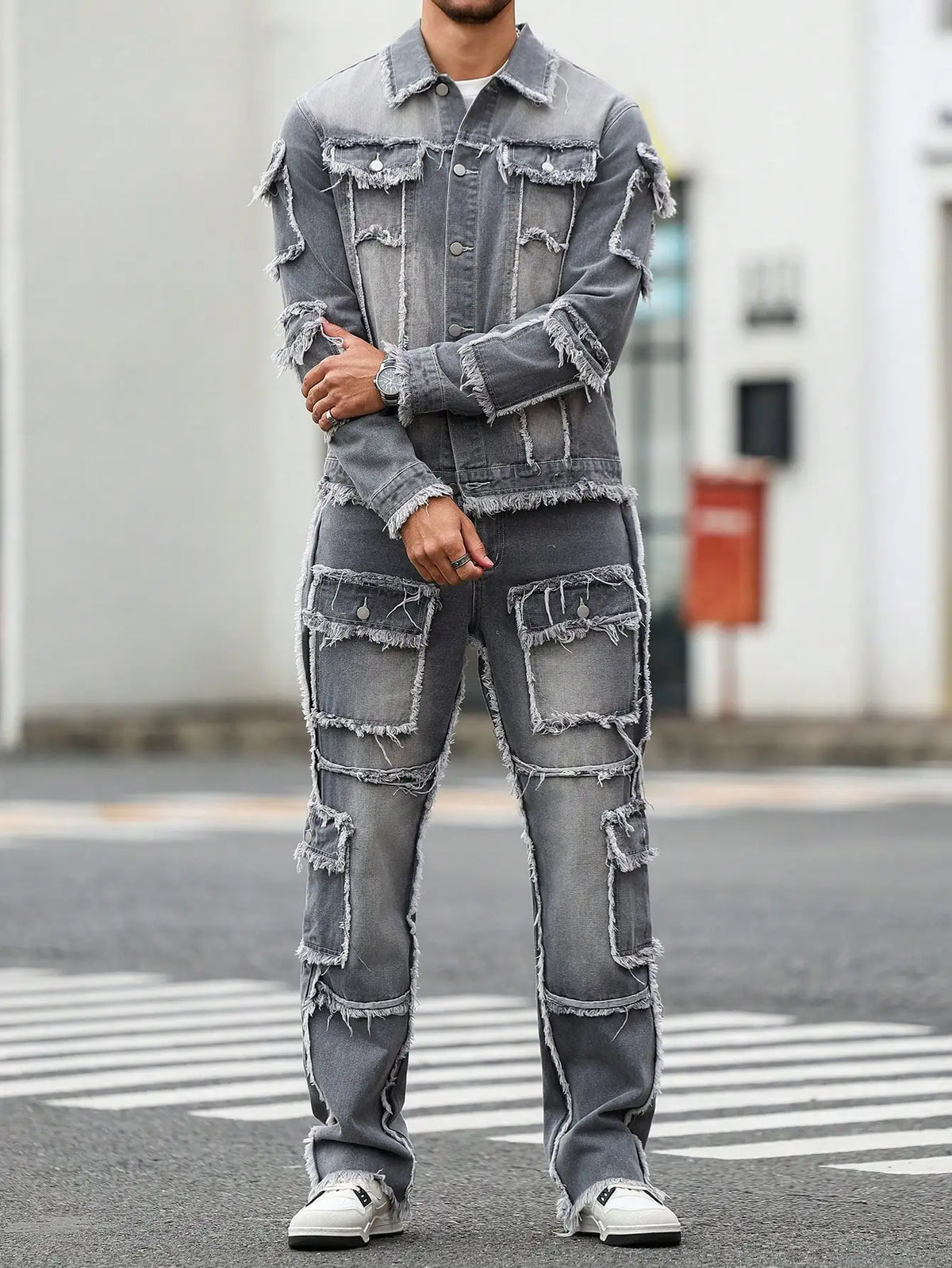 Men's Street Style Casual Distressed Raw-Hem Grey Denim Set, a Minimalist and Fashionable Two-Piece Ensemble.