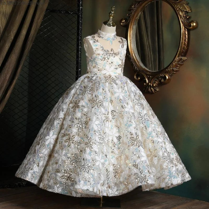 Girls Birthday Party Sleeveless Dress Sequin Flower Evening Dresses Piano Model Catwalk Performance Costumes Ball Gown
