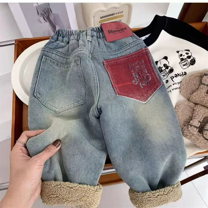 Kids Warm Jeans Children Winter Thick Plush Comfortable Fashion Trousers Boys Versatile Pants Girls Outdoor Thermal Trend Pants