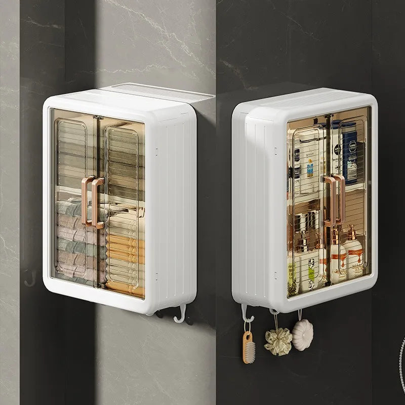 Bathroom Wall Mounted Storage Cabinet Magnetic Door Dustproof Shelf No Drill Hanging Organizer Home Toilet Space Saving Decor
